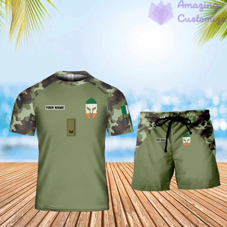 T-shirt personnalisé avec camouflage soldat/vétéran irlandais avec nom et grade + short imprimé en 3D - 1010230001QA