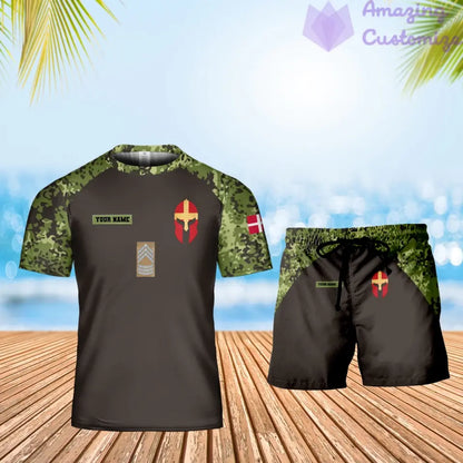 Personalisiertes dänisches Soldaten-/Veteranen-Tarnmuster mit Namen und Rang, Kombi-T-Shirt + Shorts, 3D-Druck -1010230001QA