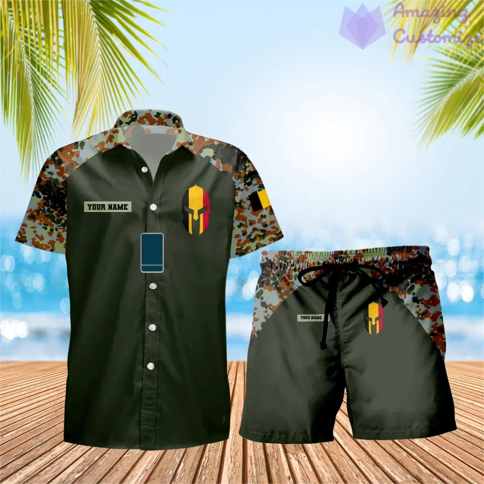 Personalisierter belgischer Soldat/Veteran, Camouflage mit Rangkombination, Hawaiihemd + Shorts, 3D-Druck – 1010230001QA