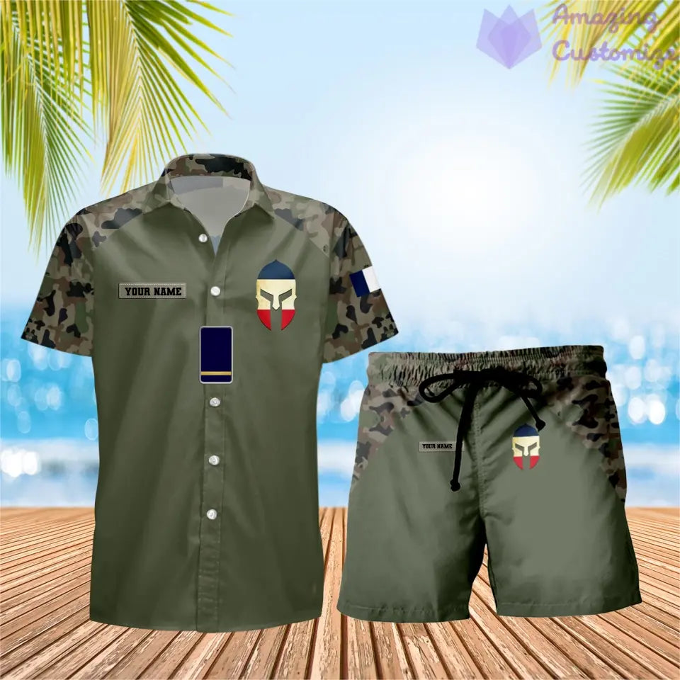 T-shirt Hawaï personnalisé avec camouflage soldat/vétéran de la France et combo de grades + short imprimés en 3D - 0310230005QA