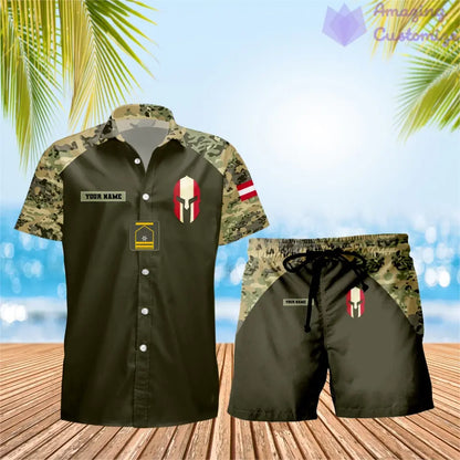 T-shirt Hawaï personnalisé avec camouflage soldat/vétéran autrichien et combo de grade + short imprimé en 3D - 1010230001QA