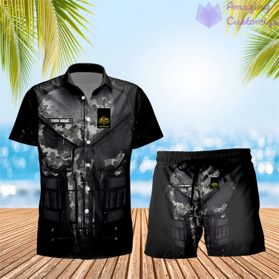 T-shirt et short Hawaï personnalisés avec camouflage soldat/vétéran australien et combo de grade imprimés en 3D - 2911230001QA