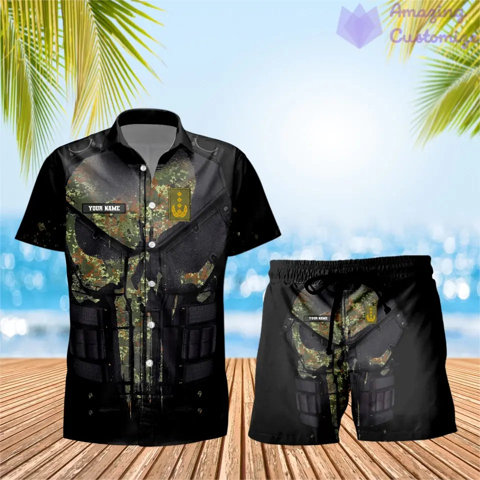 Personalisiertes deutsches Soldaten-/Veteranen-Tarnmuster mit Rangkombination, Hawaiihemd + Shorts, 3D-Druck – 0112230001QA