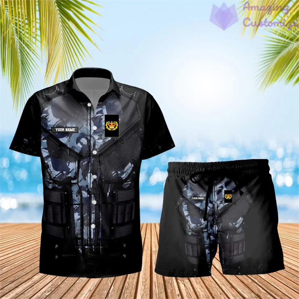 T-shirt hawaïen personnalisé avec camouflage soldat/vétéran britannique et combo de grades + short imprimé en 3D - 0112230001QA