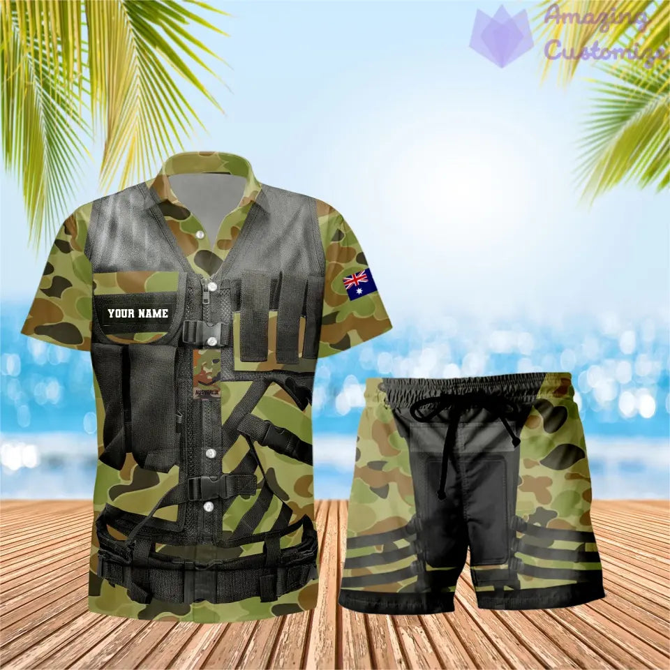 T-shirt Hawaï personnalisé avec camouflage soldat/vétéran australien et combo de grades + short imprimé en 3D - 22042401QA