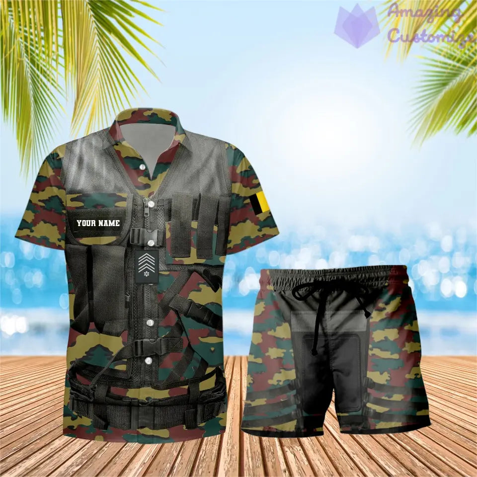 Personalisierter belgischer Soldat/Veteran, Camouflage mit Rangkombination, Hawaiihemd + Shorts, 3D-Druck – 22042401QA