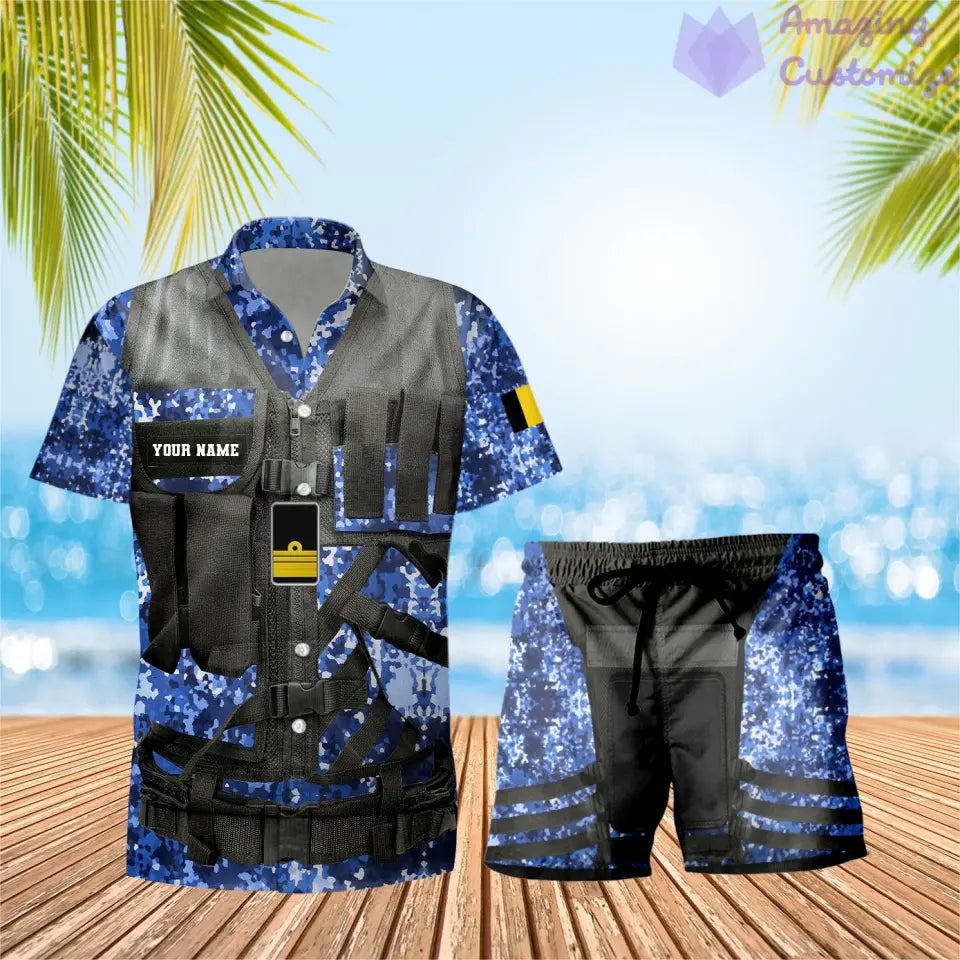 Personalisierter belgischer Soldat/Veteran, Camouflage mit Rangkombination, Hawaiihemd + Shorts, 3D-Druck – 22042401QA