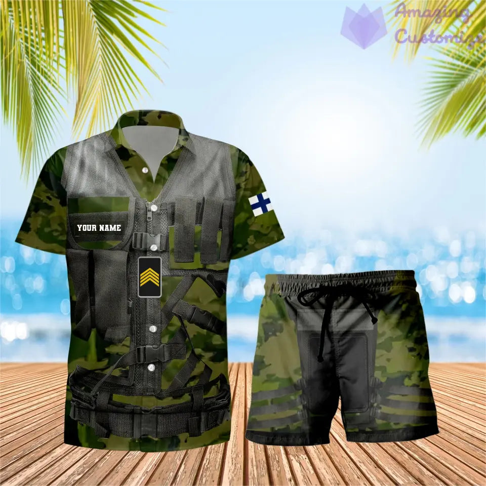 T-shirt Hawaï personnalisé avec camouflage soldat/vétéran finlandais et combo de grades + short imprimé en 3D - 22042401QA