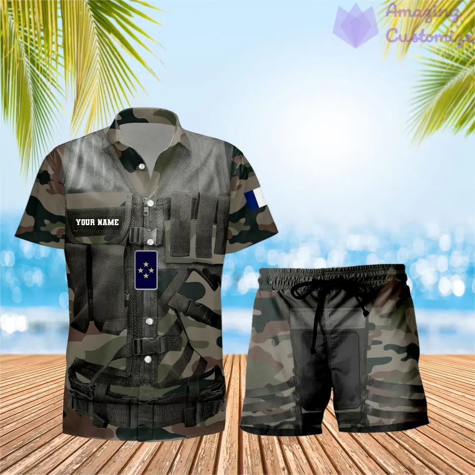 T-shirt Hawaï personnalisé avec camouflage soldat/vétéran de la France et combo de grades + short imprimés en 3D - 22042401QA