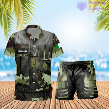 T-shirt hawaïen personnalisé avec camouflage soldat/vétéran irlandais et combo de grades + short imprimé en 3D - 22042401QA