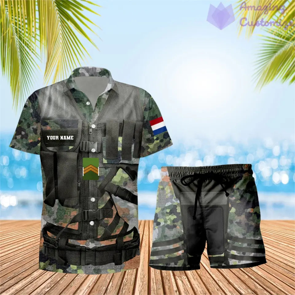 T-shirt Hawaï personnalisé avec camouflage soldat/vétéran des Pays-Bas et combo de grades + short imprimés en 3D - 22042401QA