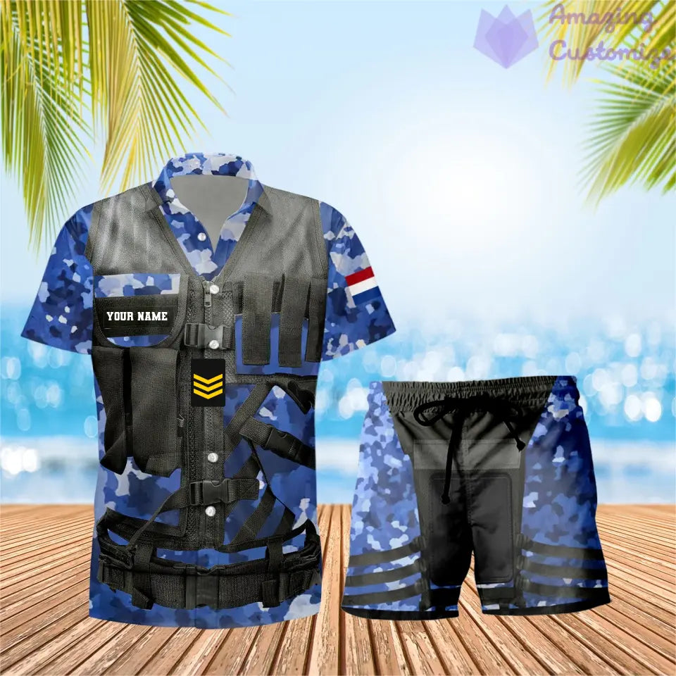 Personalisiertes niederländisches Soldaten-/Veteranen-Tarnmuster mit Rangkombination Hawaiihemd + Shorts 3D-Druck – 22042401QA