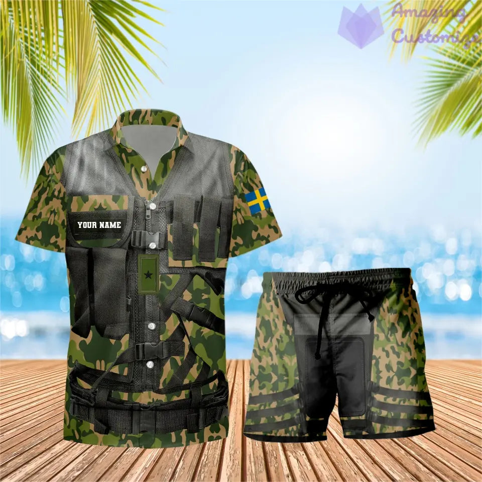 T-shirt Hawaï personnalisé avec camouflage soldat/vétéran suédois et combo de grades + short imprimé en 3D - 22042401QA