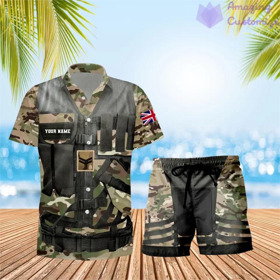 Personalisiertes britisches Soldaten-/Veteranen-Tarnmuster mit Rangkombination, Hawaiihemd + Shorts, 3D-Druck – 22042401QA