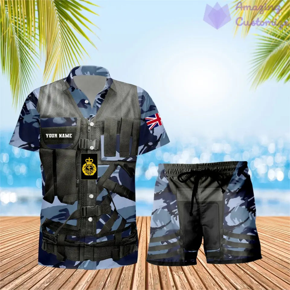 T-shirt hawaïen personnalisé avec camouflage soldat/vétéran britannique et combo de grades + short imprimés en 3D - 22042401QA