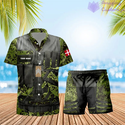 Personalisiertes dänisches Soldaten-/Veteranen-Tarnmuster mit Rangkombination Hawaiihemd + Shorts 3D-Druck – 22042401QA