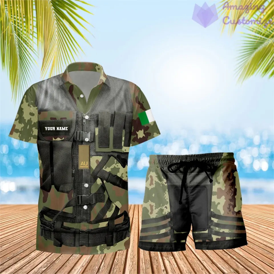 T-shirt Hawaï personnalisé avec camouflage soldat/vétéran italien et combo de grades + short imprimé en 3D - 22042401QA