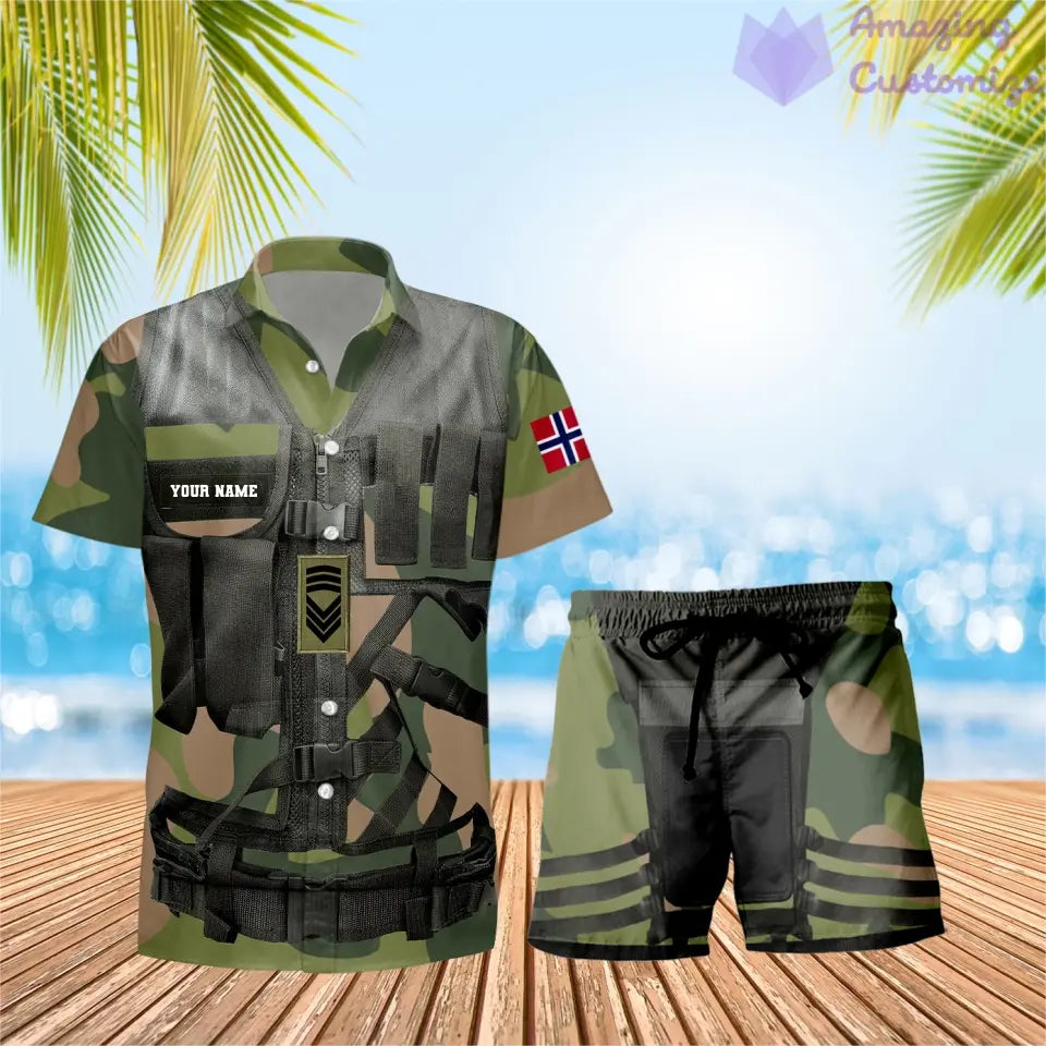 T-shirt Hawaï personnalisé avec camouflage soldat/vétéran norvégien et combo de grades + short imprimé en 3D - 22042401QA