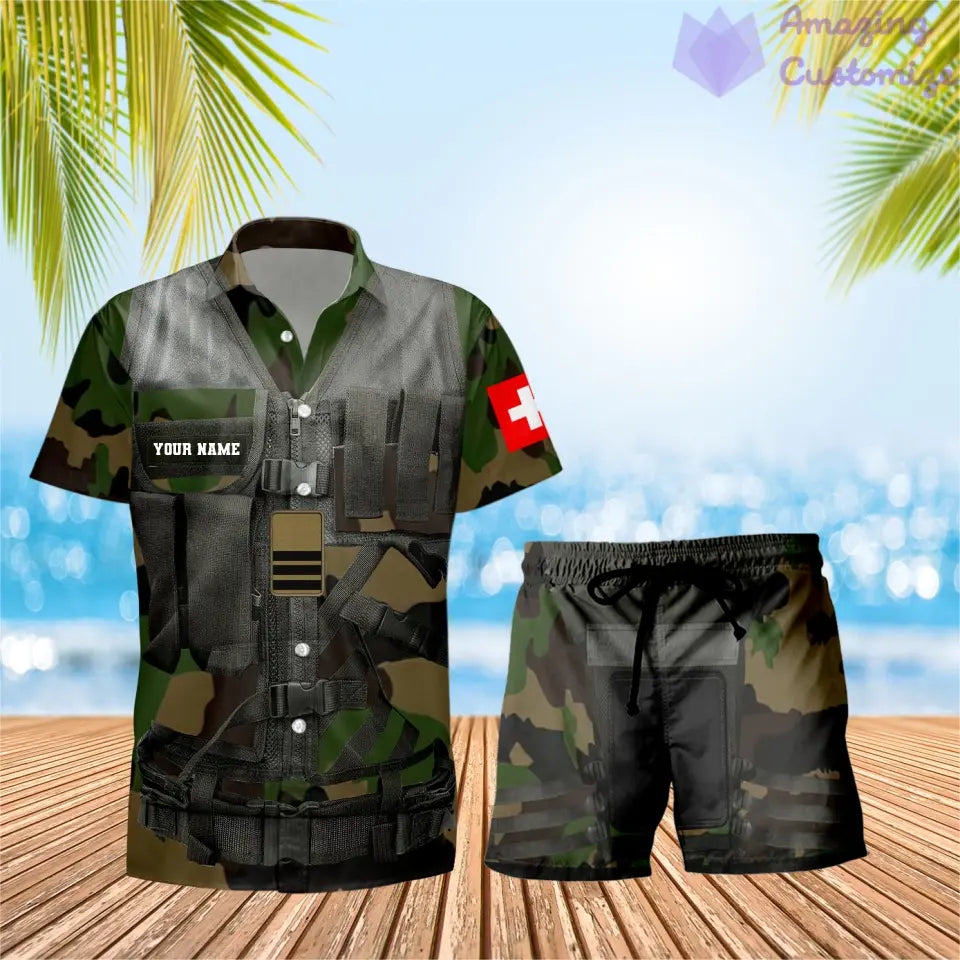 Personalized Swiss Soldier/ Veteran Camo With Rank Combo Hawaii Shirt + Short 3D Printed - 22042401QA