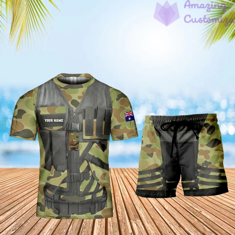 Personalisiertes australisches Soldaten-/Veteranen-Tarnmuster mit Namen und Rang, Kombi-T-Shirt + Shorts, 3D-Druck – 22042401QA