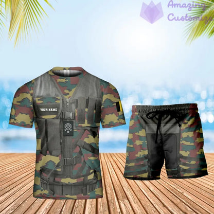 Personalisiertes belgisches Soldaten-/Veteranen-Tarnmuster mit Namen und Rang, Kombi-T-Shirt + Shorts, 3D-Druck – 22042401QA