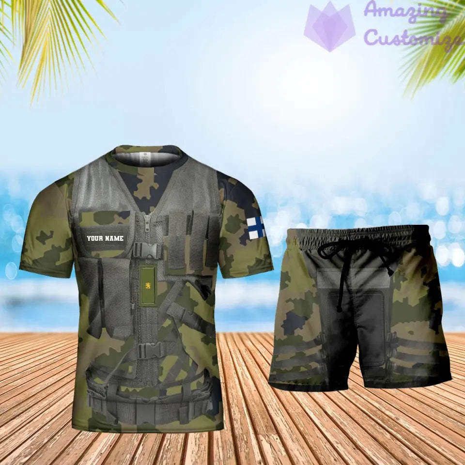 Personalisiertes finnisches Soldaten-/Veteranen-Tarnmuster mit Namen und Rang, Kombi-T-Shirt + Short, 3D-Druck – 22042401QA