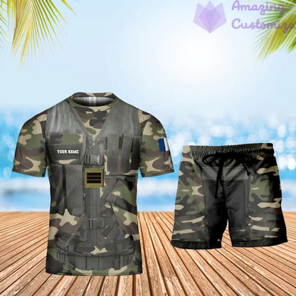 T-shirt personnalisé avec camouflage soldat/vétéran de la France avec nom et grade combinés + short imprimés en 3D - 22042401QA