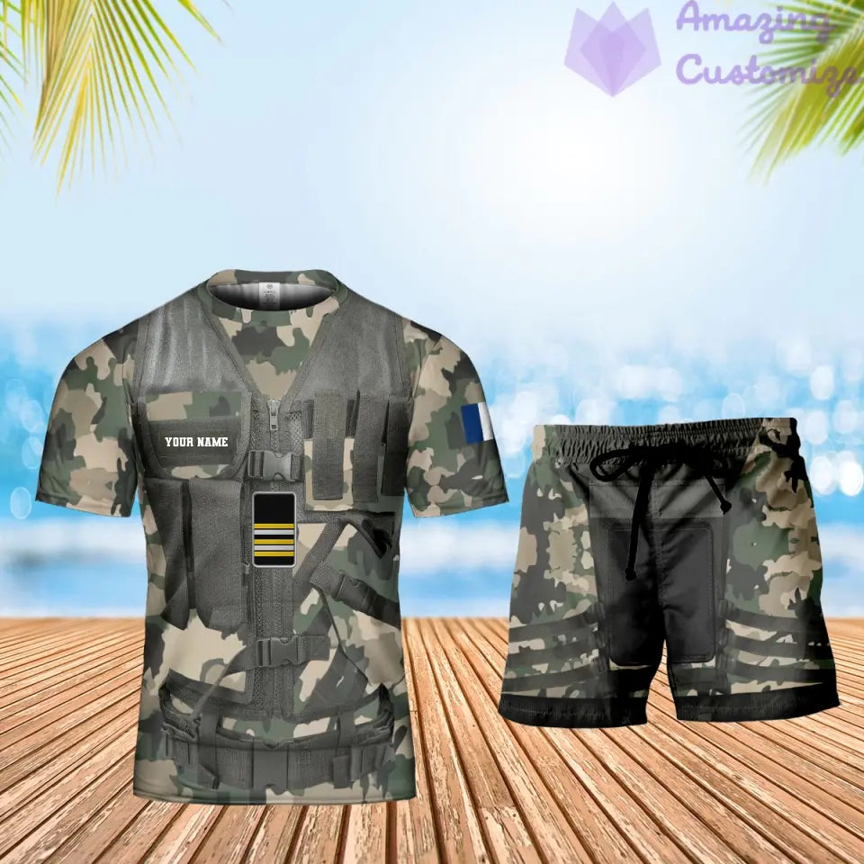 Personalisiertes französisches Soldaten-/Veteranen-Tarnmuster mit Namen und Rang, Kombi-T-Shirt + Shorts, 3D-Druck – 22042401QA