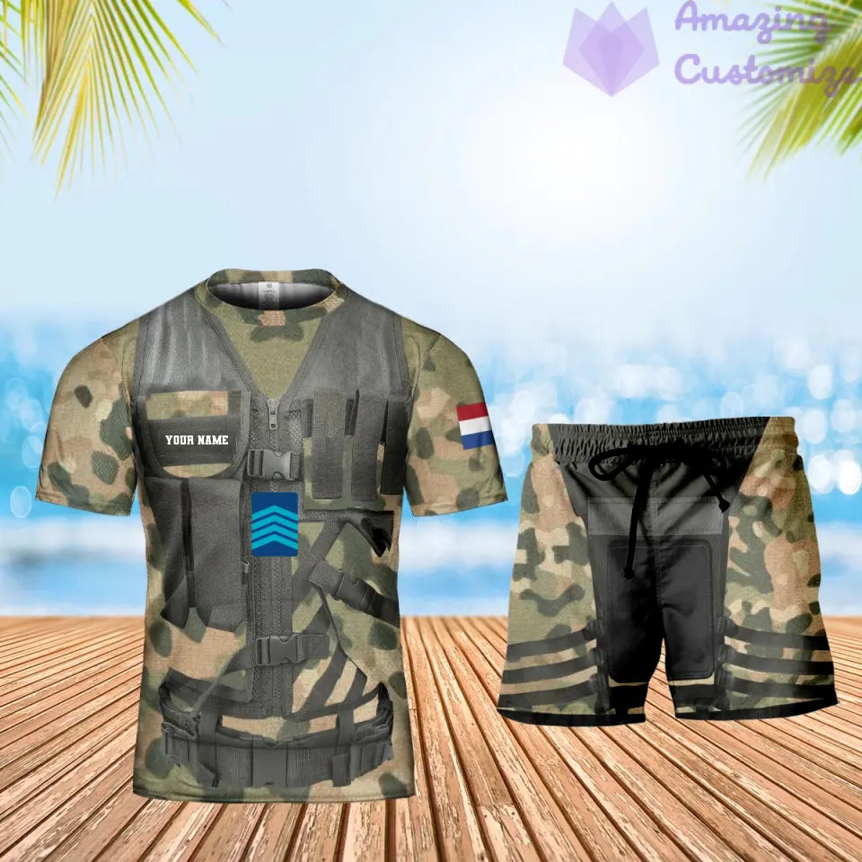 T-shirt personnalisé avec camouflage soldat/vétéran des Pays-Bas avec nom et grade combinés + short imprimé en 3D - 22042401QA