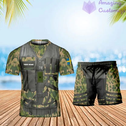 Personalisierter schwedischer Soldat/Veteran, Camouflage, mit Namen und Rang, Kombi-T-Shirt + Short, 3D-Druck – 22042401QA