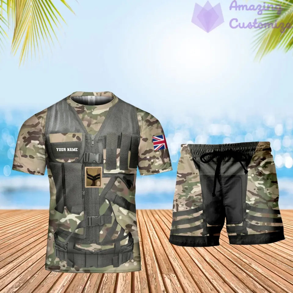 Personalisiertes britisches Soldaten-/Veteranen-Tarnmuster mit Namen und Rang, Kombi-T-Shirt + Short, 3D-Druck – 22042401QA