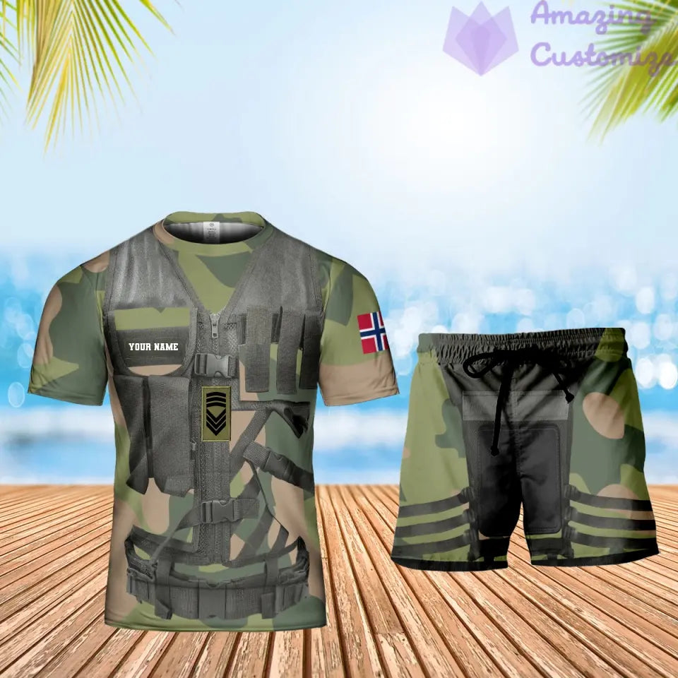 Personalisiertes norwegisches Soldat/Veteranen-Tarnmuster mit Namen und Rang, Kombi-T-Shirt + Short, 3D-Druck -22042401QA