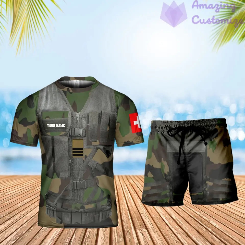 T-shirt personnalisé avec camouflage soldat/vétéran suisse avec nom et grade combinés + short imprimés en 3D -22042401QA