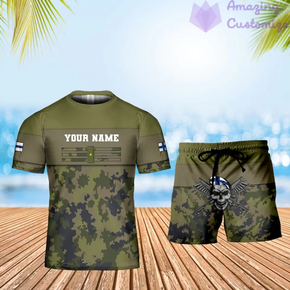 Personalisiertes finnisches Soldaten-/Veteranen-Tarnmuster mit Namen und Rang, Kombi-T-Shirt + Short, 3D-Druck – 1201240001QA