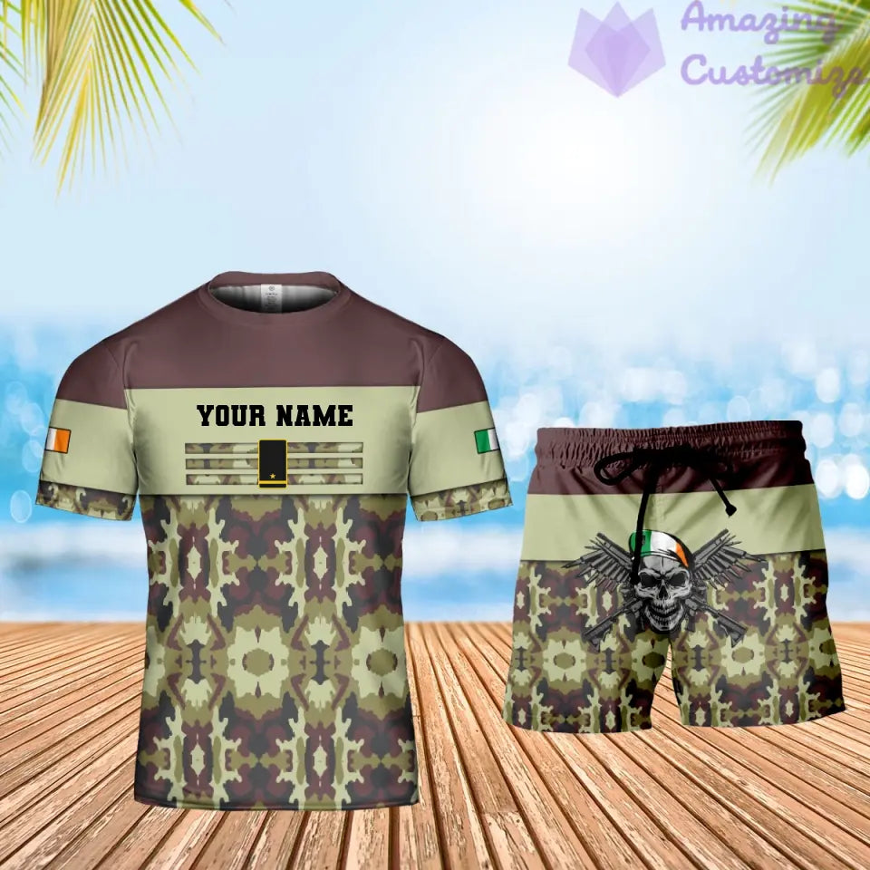 Personalisiertes irisches Soldaten-/Veteranen-Tarnmuster mit Namen und Rang, Kombi-T-Shirt + Short, 3D-Druck – 1201240001QA