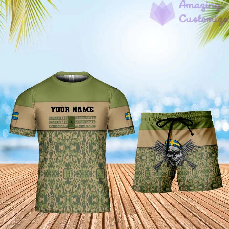 Personalisierter schwedischer Soldat/Veteran, Camouflage, mit Namen und Rang, Kombi-T-Shirt + Short, 3D-Druck -1201240001QA