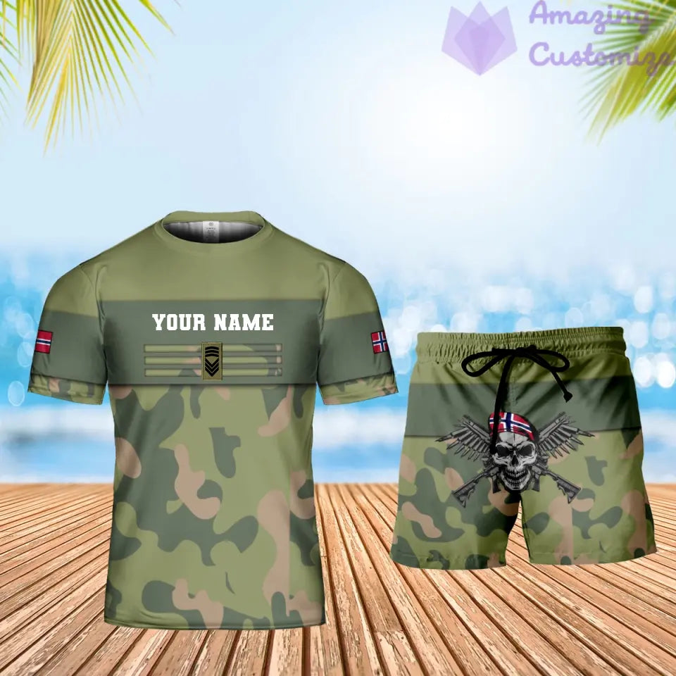 Personalisiertes norwegisches Soldaten-/Veteranen-Tarnmuster mit Namen und Rang, Kombi-T-Shirt + Short, 3D-Druck -1201240001QA