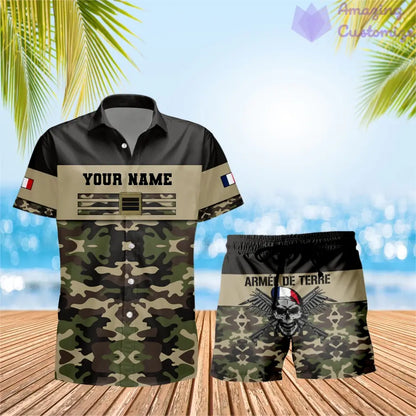 T-shirt Hawaï personnalisé avec camouflage soldat/vétéran de la France et combo de grades + short imprimés en 3D - 1112230001QA