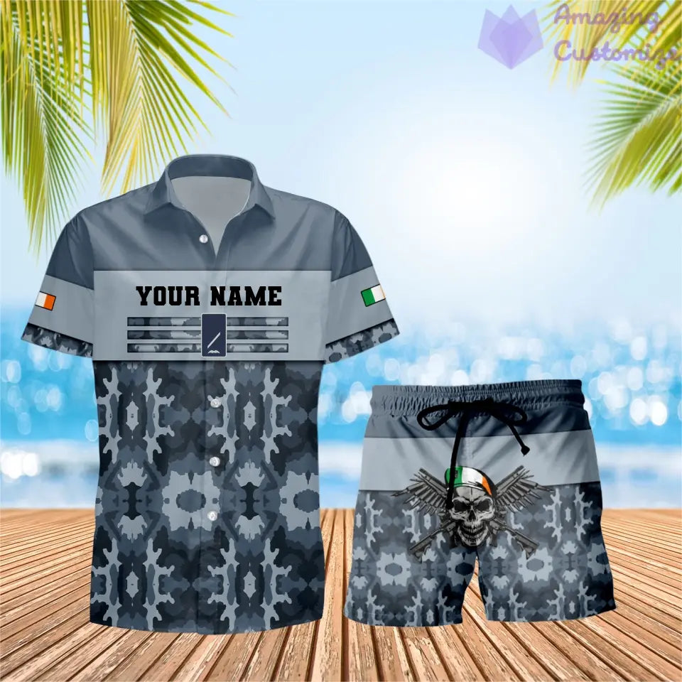 T-shirt hawaïen personnalisé avec camouflage soldat/vétéran irlandais et combo de grades + short imprimé en 3D - 1201240001QA