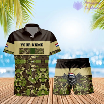 T-shirt et short Hawaï personnalisés avec camouflage soldat/vétéran des Pays-Bas et combo de grades imprimés en 3D - 1201240001QA