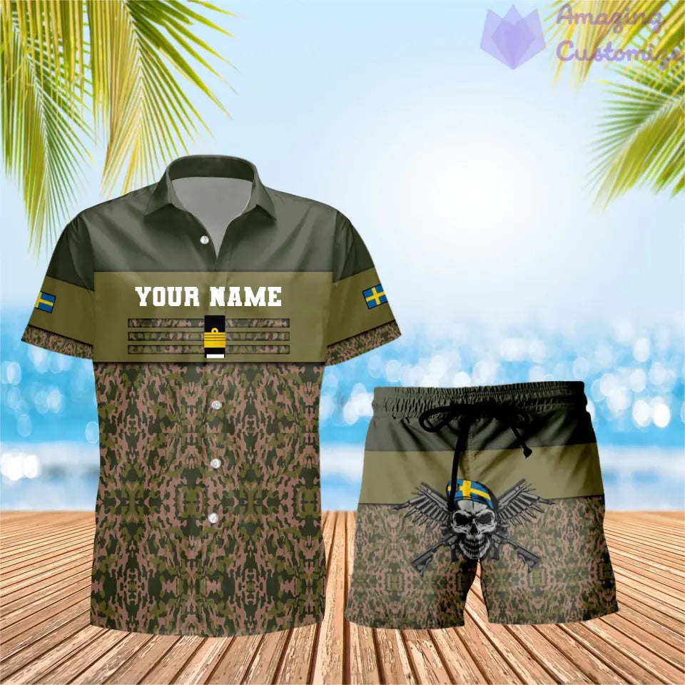 T-shirt Hawaï personnalisé avec camouflage soldat/vétéran suédois et combo de grades + short imprimé en 3D - 1201240001QA