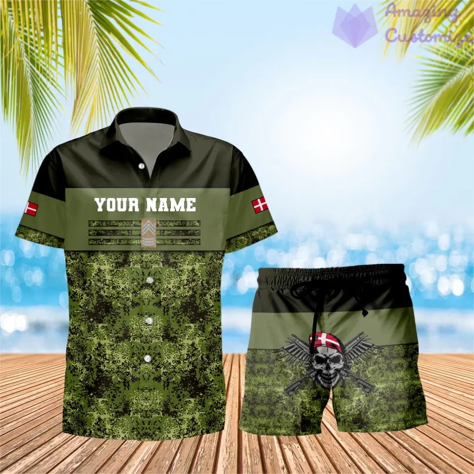 T-shirt Hawaï personnalisé avec camouflage soldat/vétéran du Danemark et combo de grades + short imprimé en 3D - 1201240001QA