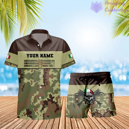 T-shirt Hawaï personnalisé avec camouflage soldat/vétéran italien et combo de grades + short imprimé en 3D - 1112230001QA