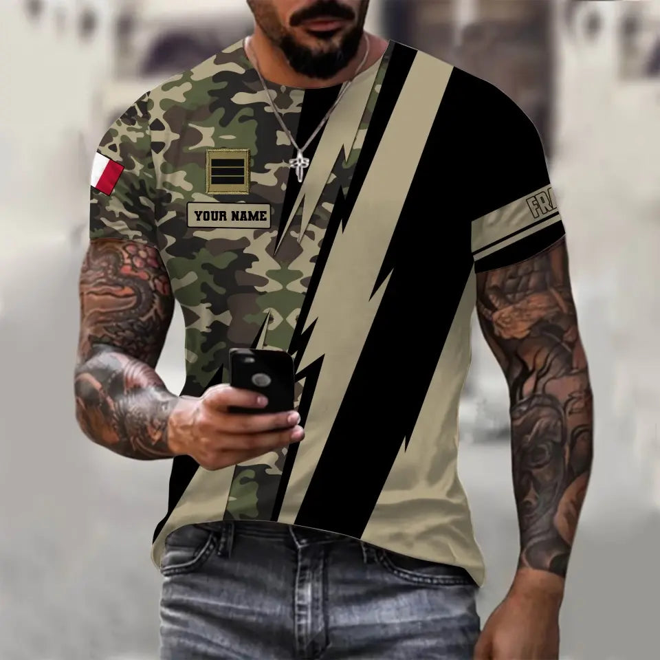 T-shirt personnalisé avec camouflage soldat/vétéran de la France avec nom et grade imprimé en 3D - 0503240001QA