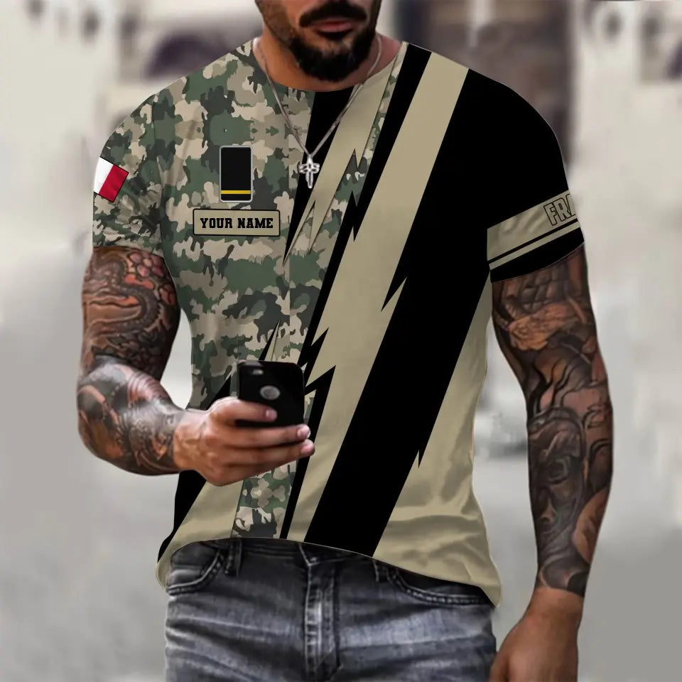 T-shirt personnalisé avec camouflage soldat/vétéran de la France avec nom et grade imprimé en 3D - 0503240001QA