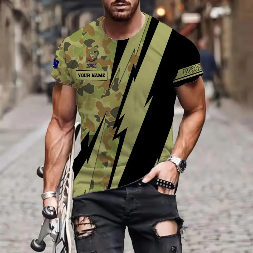 Personalisiertes T-Shirt mit australischem Soldaten-/Veteranen-Tarnmuster mit Namen und Rang, 3D-Druck – 0503240001QA