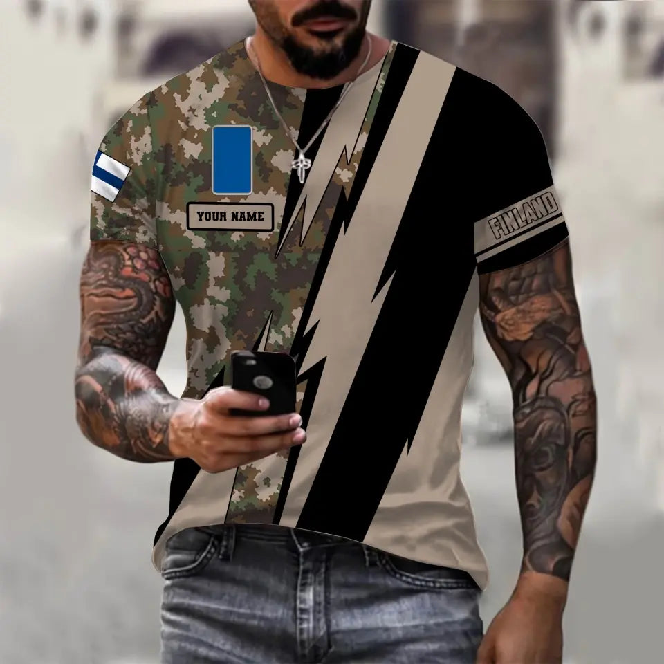 T-shirt personnalisé avec camouflage soldat/vétéran finlandais avec nom et grade imprimé en 3D - 030424QA