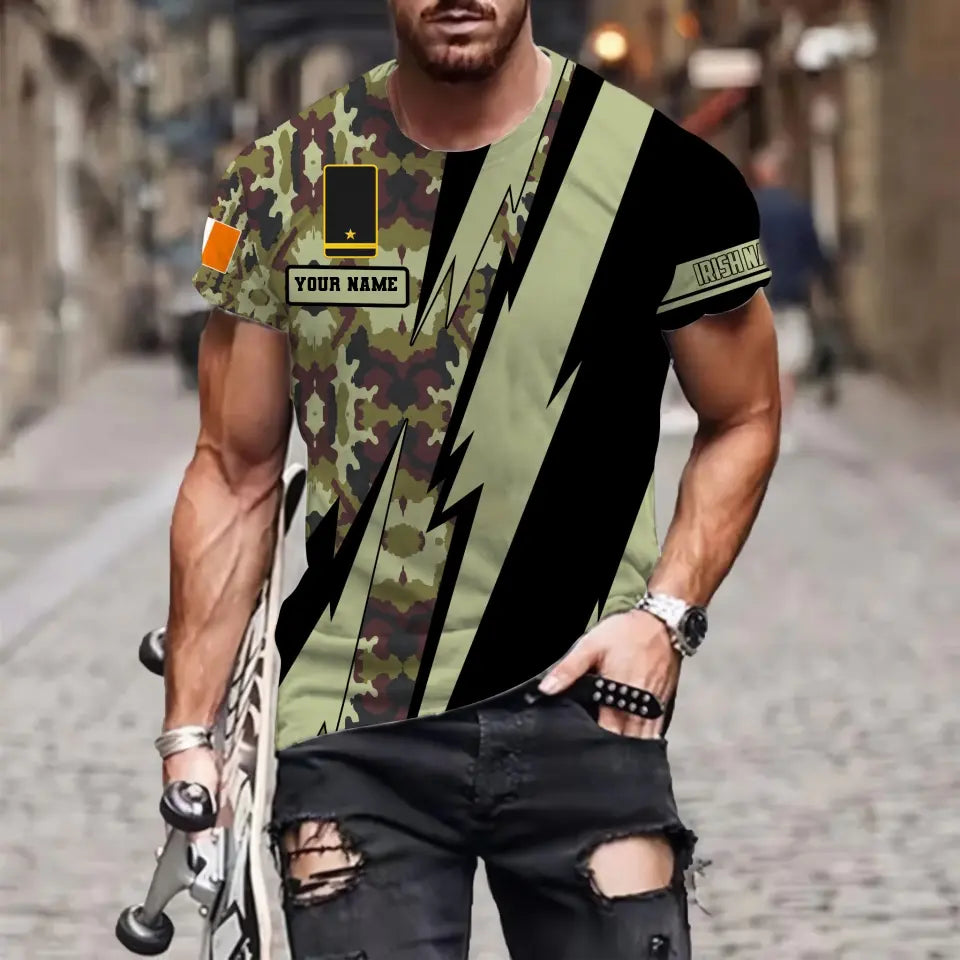 Personalisiertes irisches Soldaten-/Veteranen-T-Shirt im Camouflage-Stil mit Namen und Rang, 3D-Druck – 0503240001QA