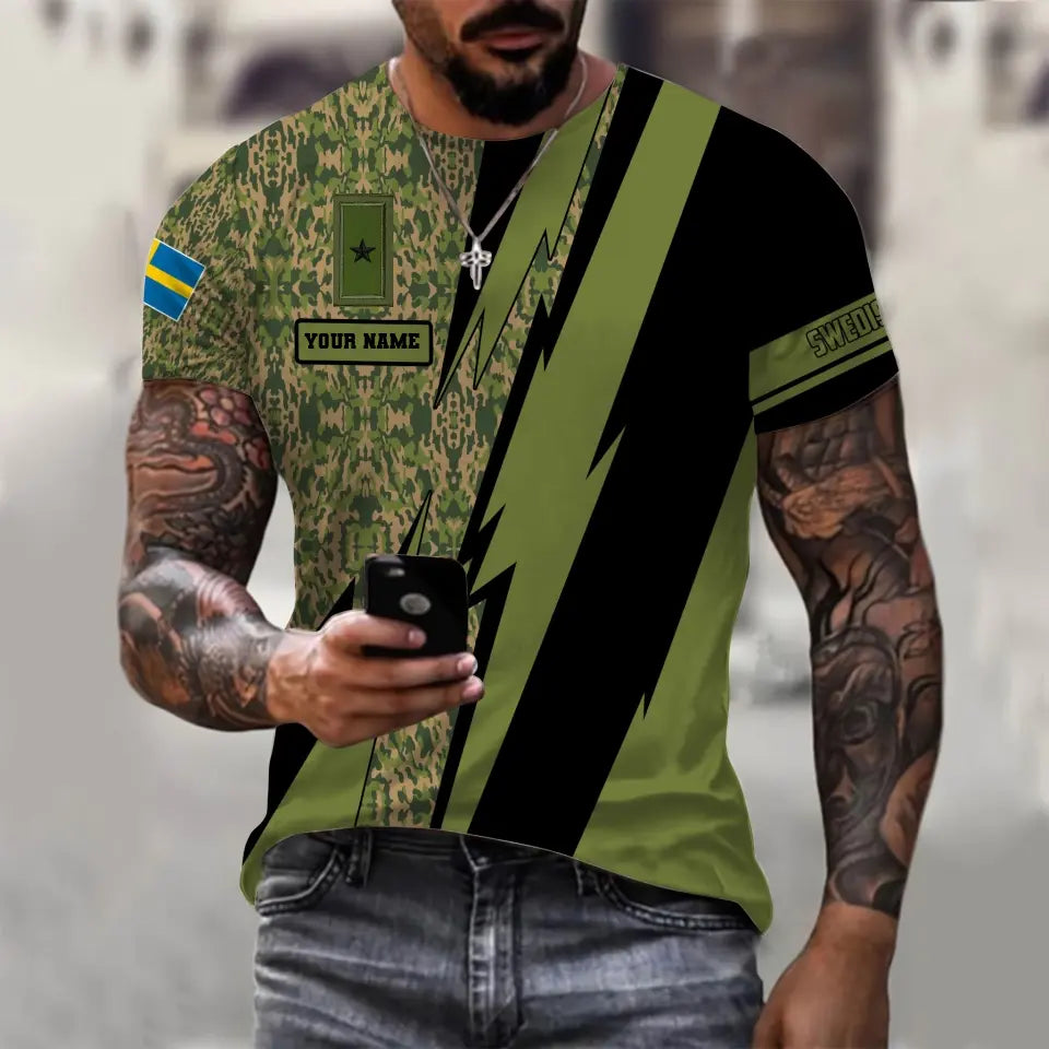 T-shirt personnalisé avec camouflage soldat/vétéran suédois avec nom et grade imprimé en 3D - 030424QA