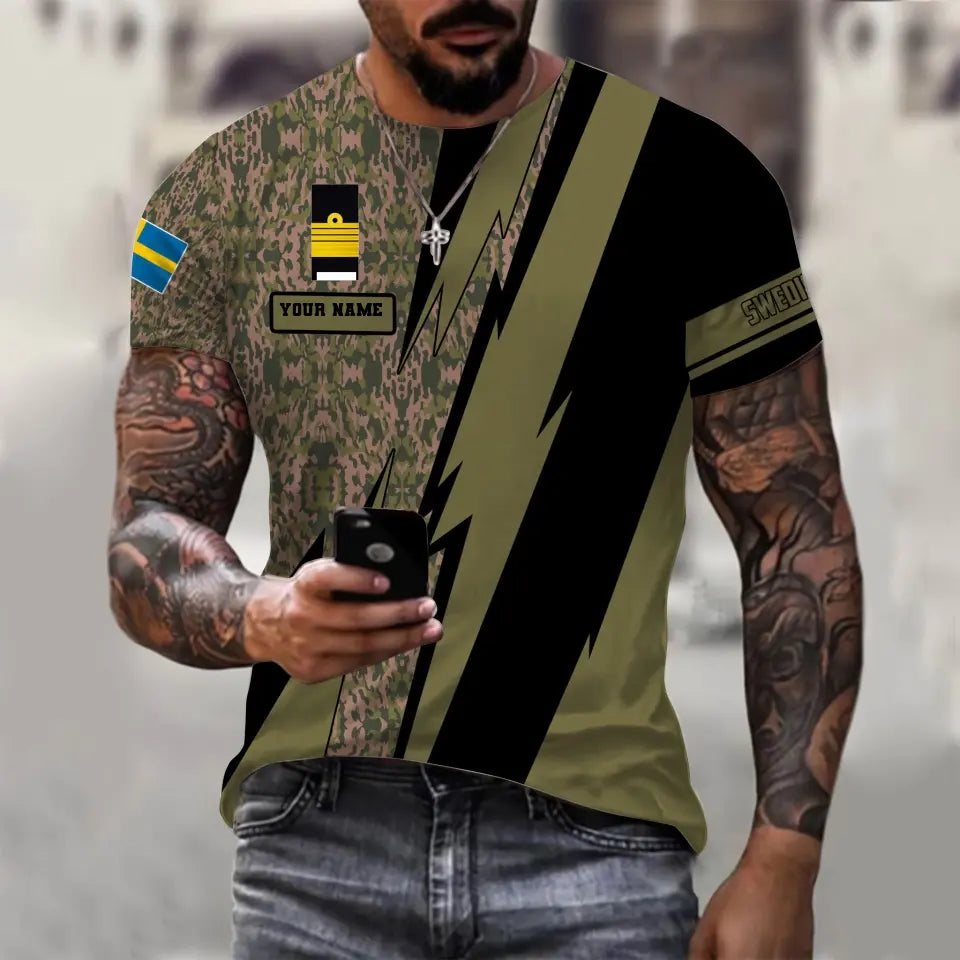 Personalisiertes T-Shirt mit schwedischem Soldaten-/Veteranen-Tarnmuster mit Namen und Rang, 3D-Druck – 030424QA